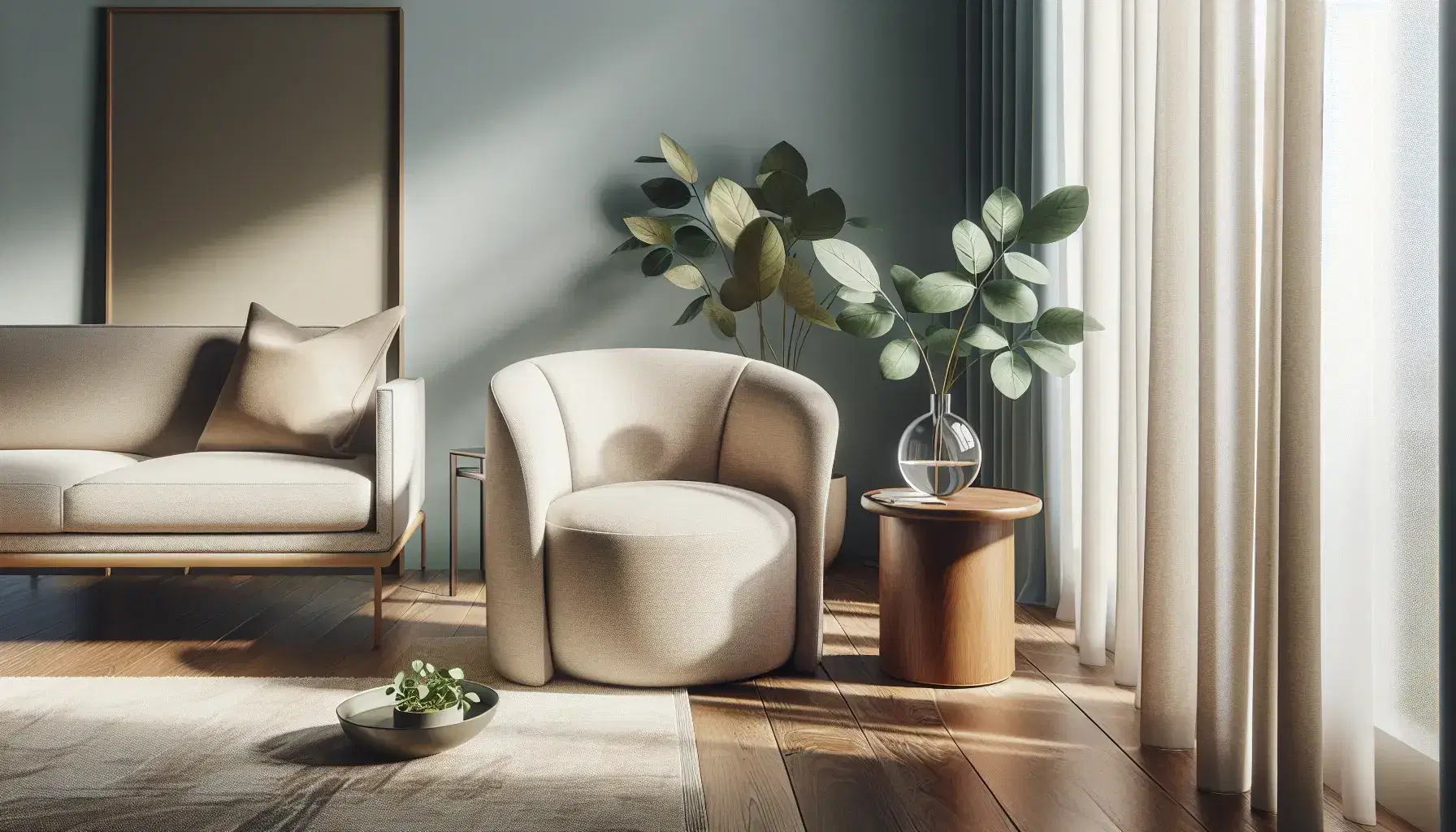 Peaceful therapist office with beige armchair, matching sofa, round coffee table, vase with green leaves, tall plant and bright window.