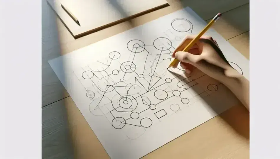 Mano sujetando lápiz amarillo y dibujando diagrama de formas geométricas interconectadas en papel sobre escritorio de madera claro.