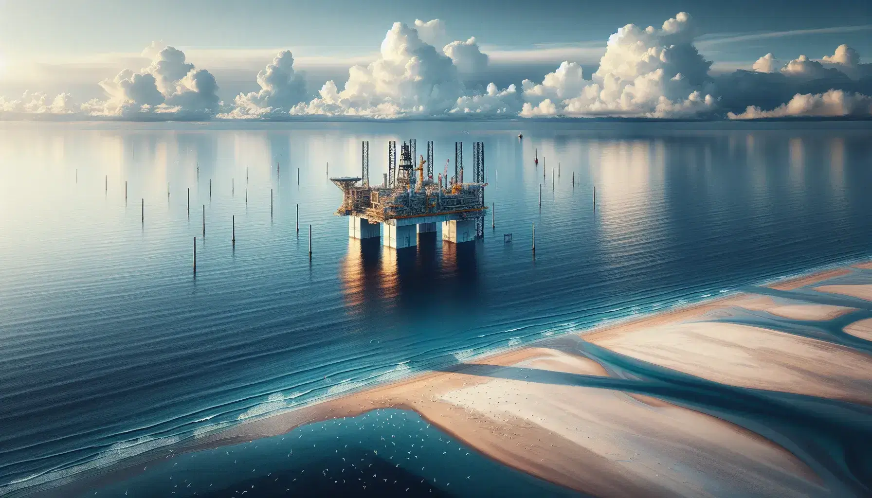 Piattaforma petrolifera grigia in mare con sfumature di blu, cielo nuvoloso e spiaggia sabbiosa deserta, gabbiani in volo a sinistra.