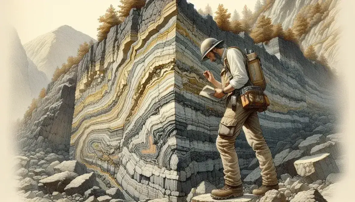 Cross section of a volcanic tuff deposit with geologist examining, evident stratification and natural landscape in the background.