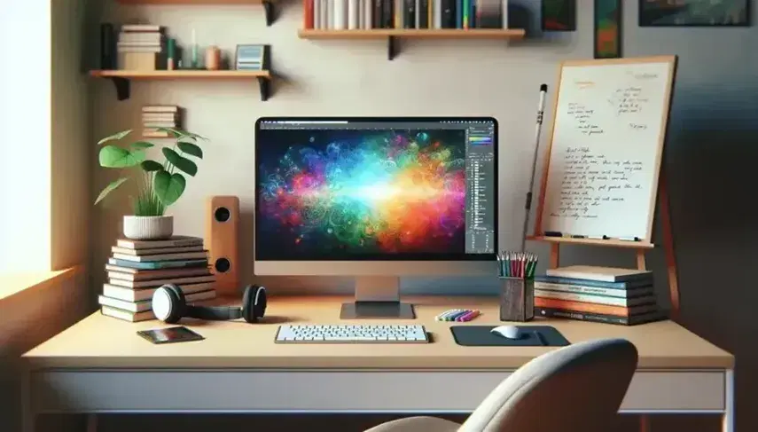 Tidy desk with turned on modern computer, quality headphones, green plant, bound books and empty white board in bright environment.