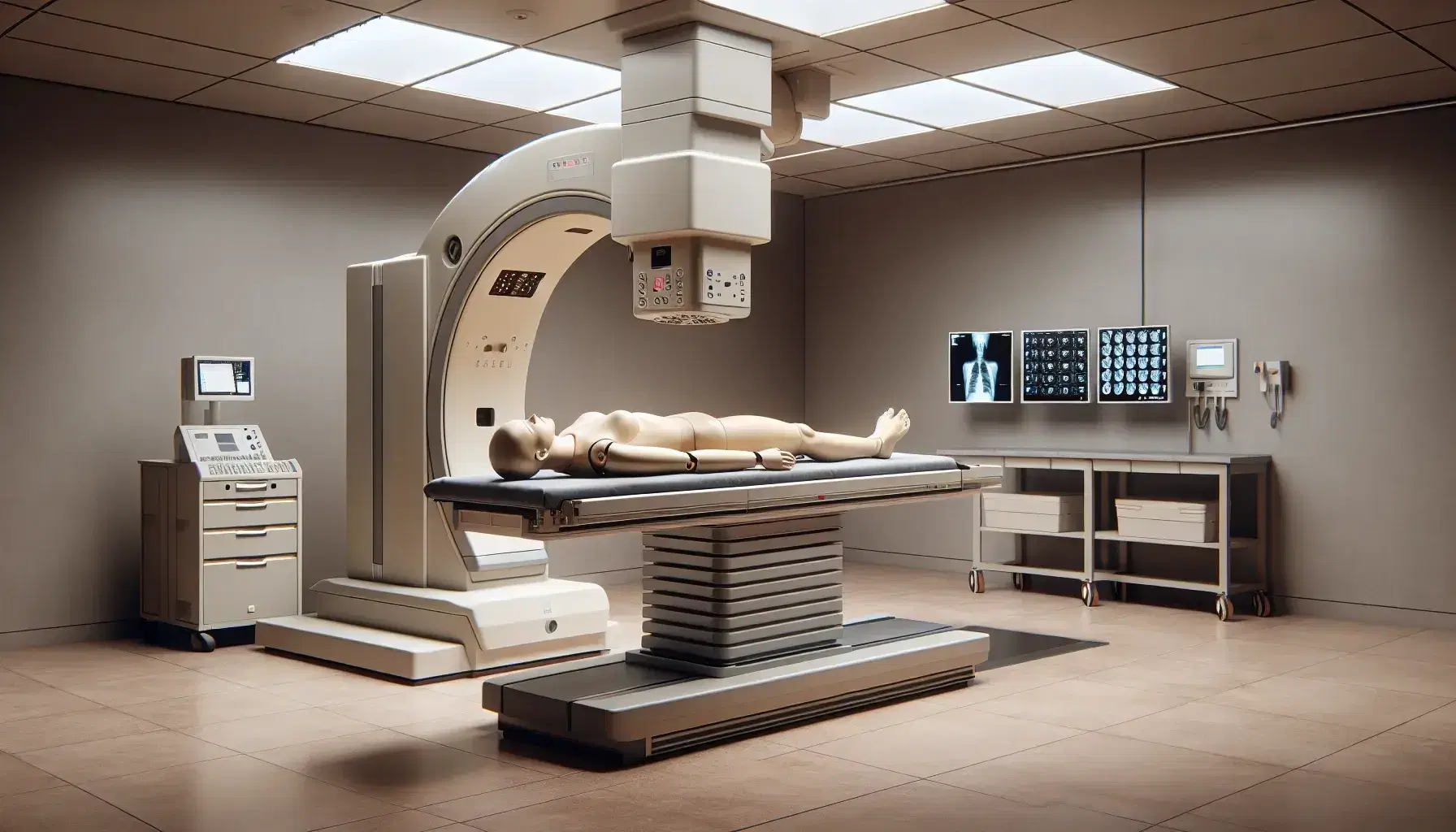 Sala de radiología con mesa de examen y maniquí, unidad de rayos X ajustable y panel de control, iluminación suave y tonos neutros.