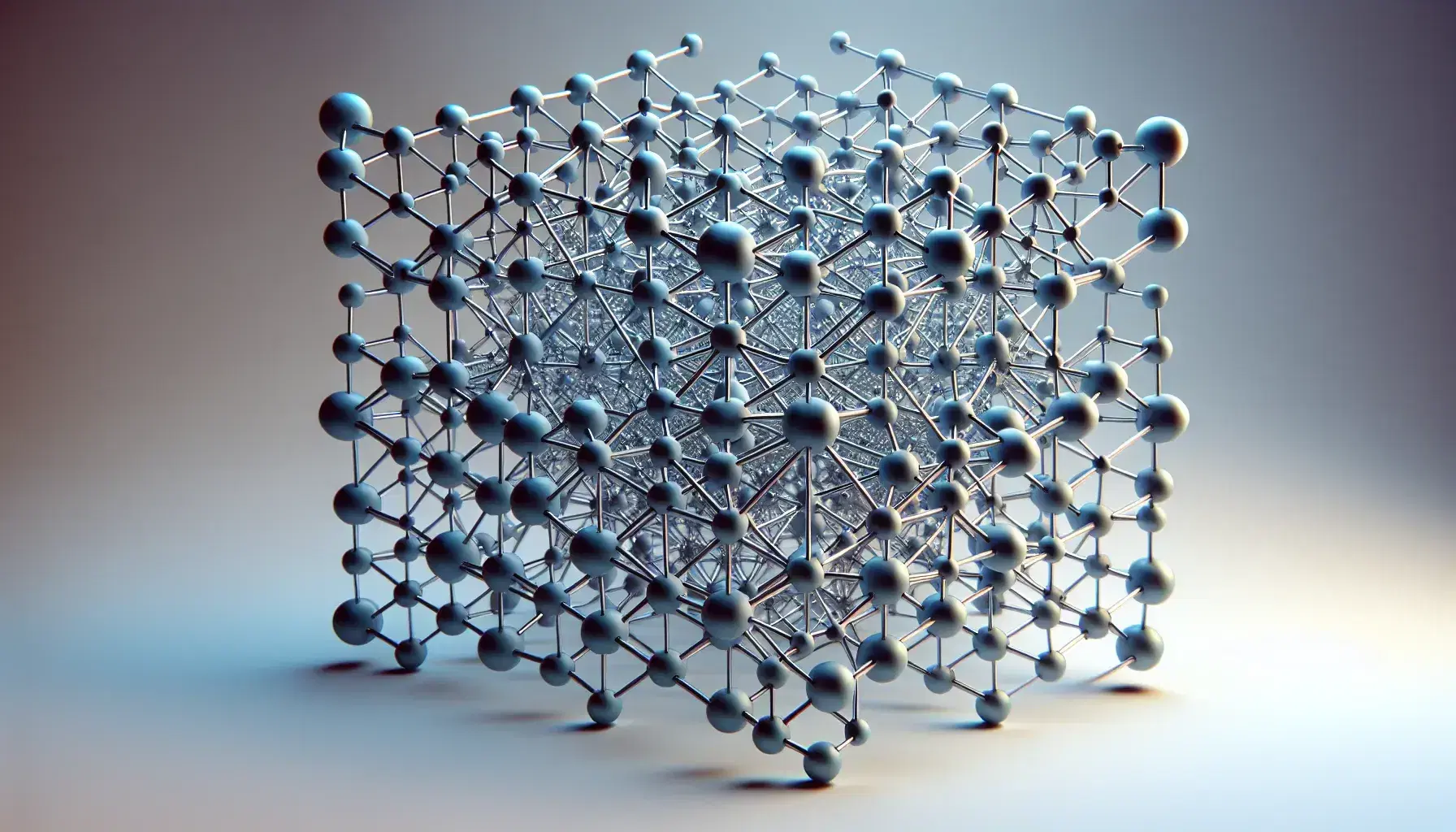 Intricate 3D geometric lattice with interconnected blue, red, and green nodes linked by silver rods, forming a complex web of polygons.