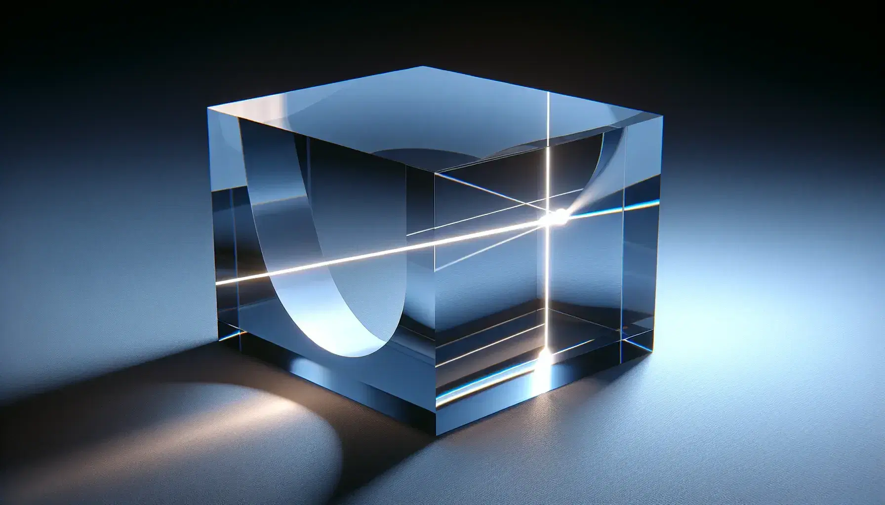 Acrylic block demonstrating total internal reflection with light beam refracting, then reflecting along the curved edge on a gradient background.