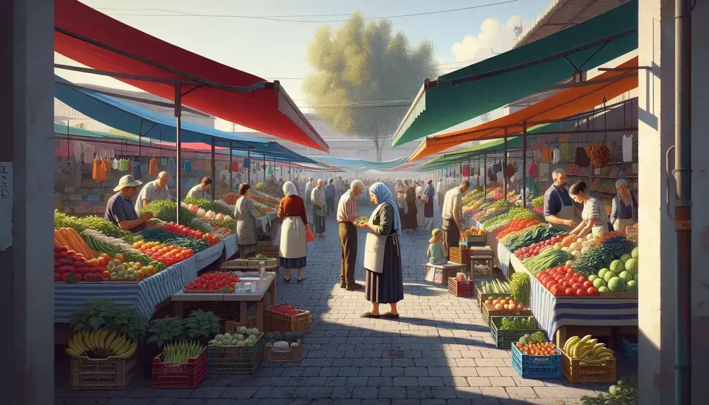 Mercado al aire libre con puestos de frutas y verduras frescas, gente comprando y vendedores atendiendo bajo un cielo despejado.
