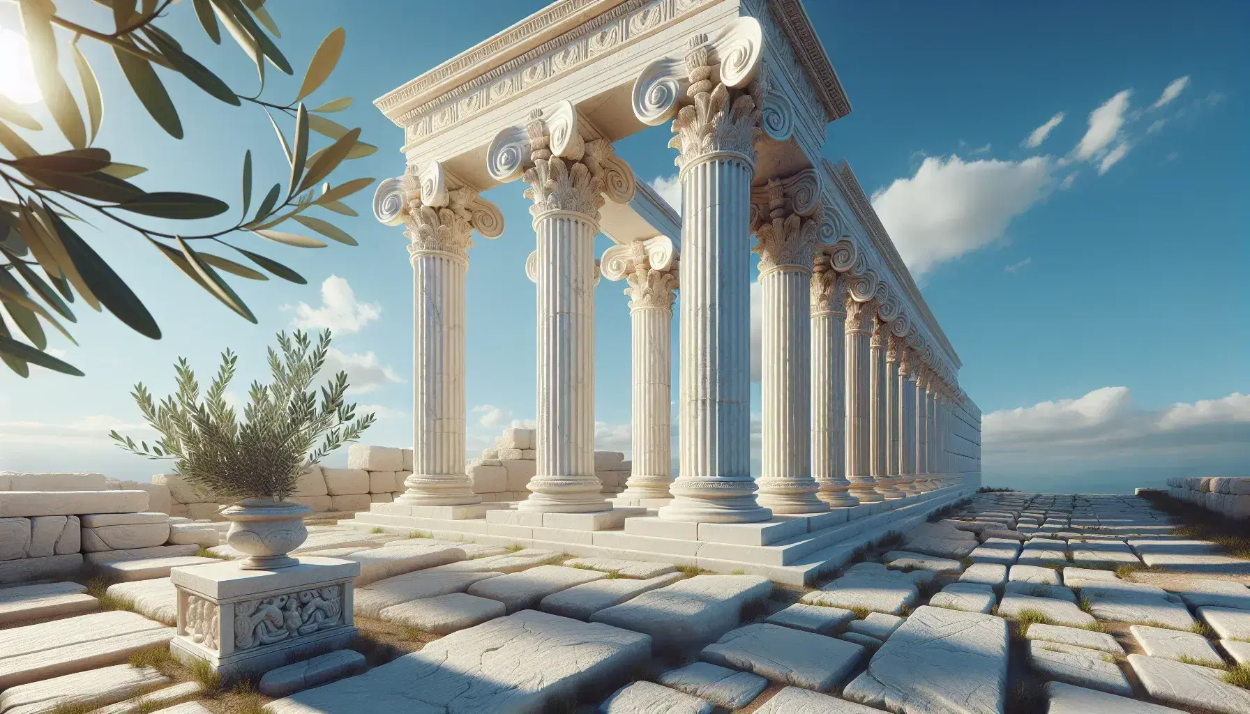 Columnas de mármol blanco estilo corintio de un templo griego antiguo bajo un cielo azul, con un camino de piedras y una rama de olivo a la izquierda.