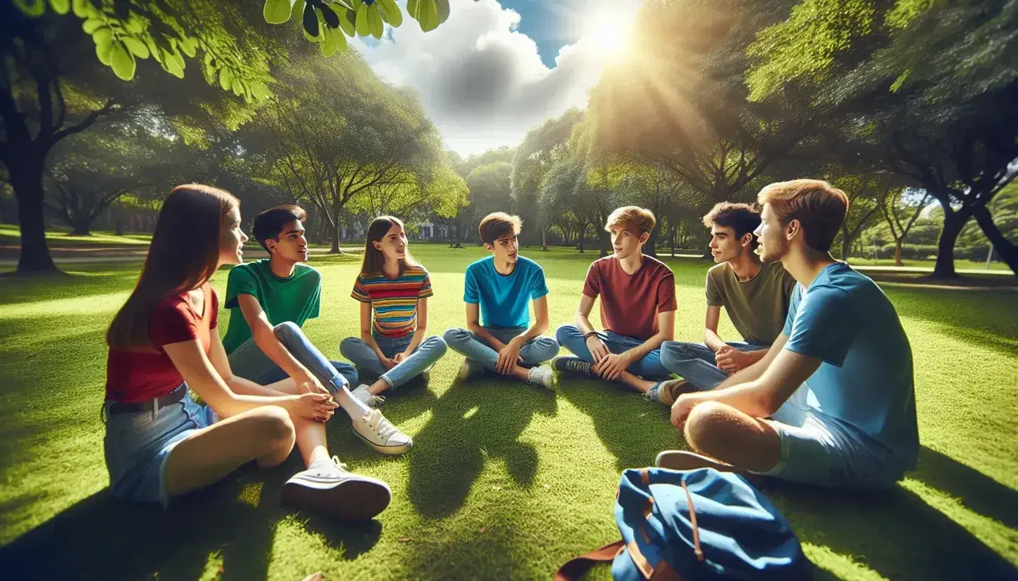 Grupo de cinco jóvenes sentados en círculo en un parque, disfrutando de un día soleado entre árboles y césped, mostrando gestos de conversación y alegría.
