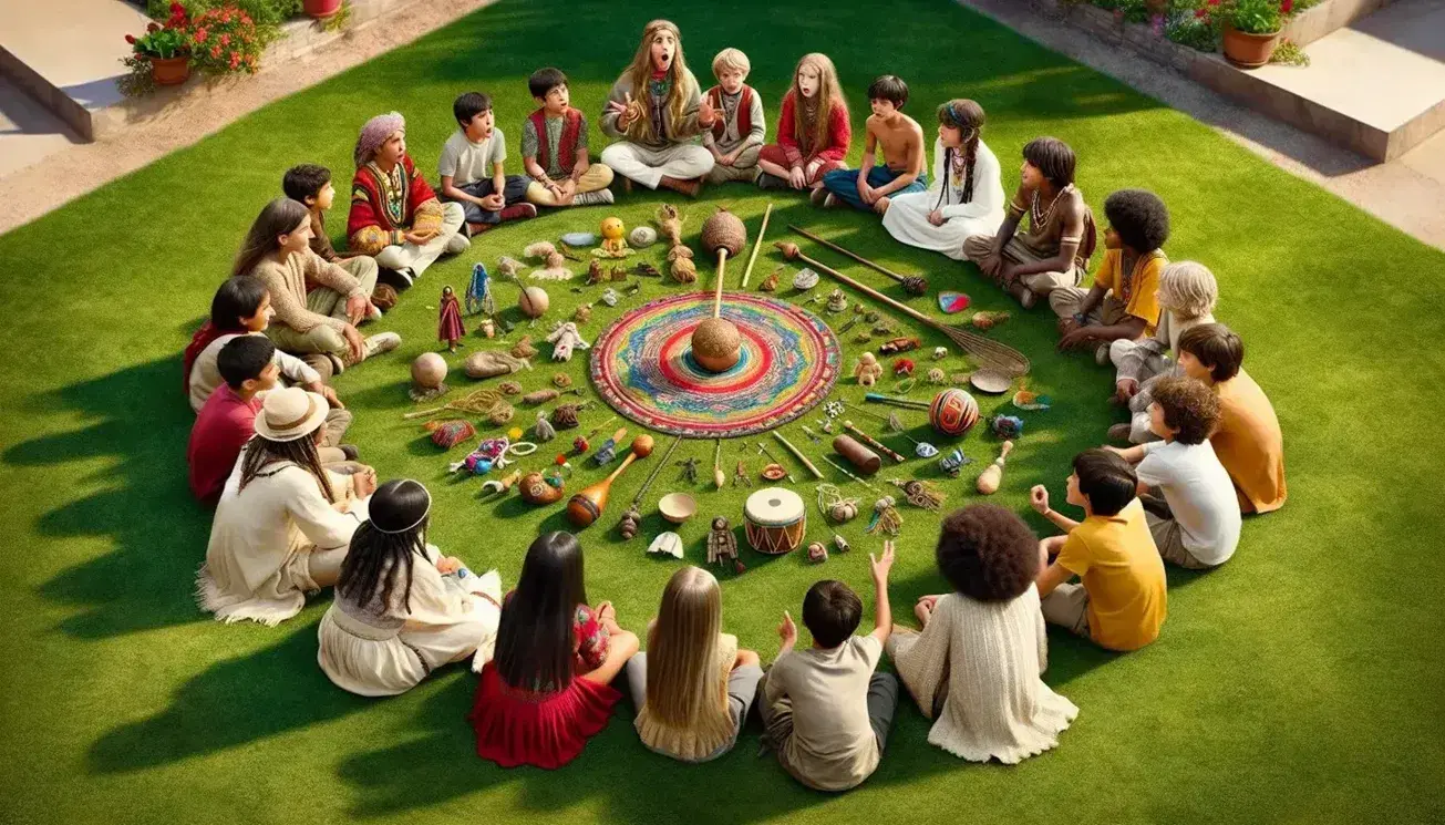 Children of different ethnicities sitting in a circle on green grass discuss lively surrounded by traditional toys, under a clear sky.