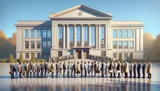 Queue of diverse people in front of classic building with elegant facade and closed doors, reflection of blue sky in the windows, under the sun.