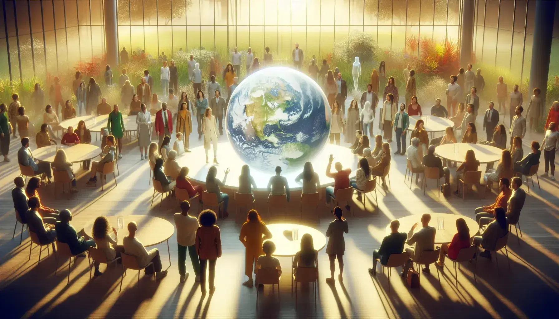 Grupo diverso de personas en debate alrededor de una mesa con esfera transparente en un entorno natural iluminado por luz diurna.