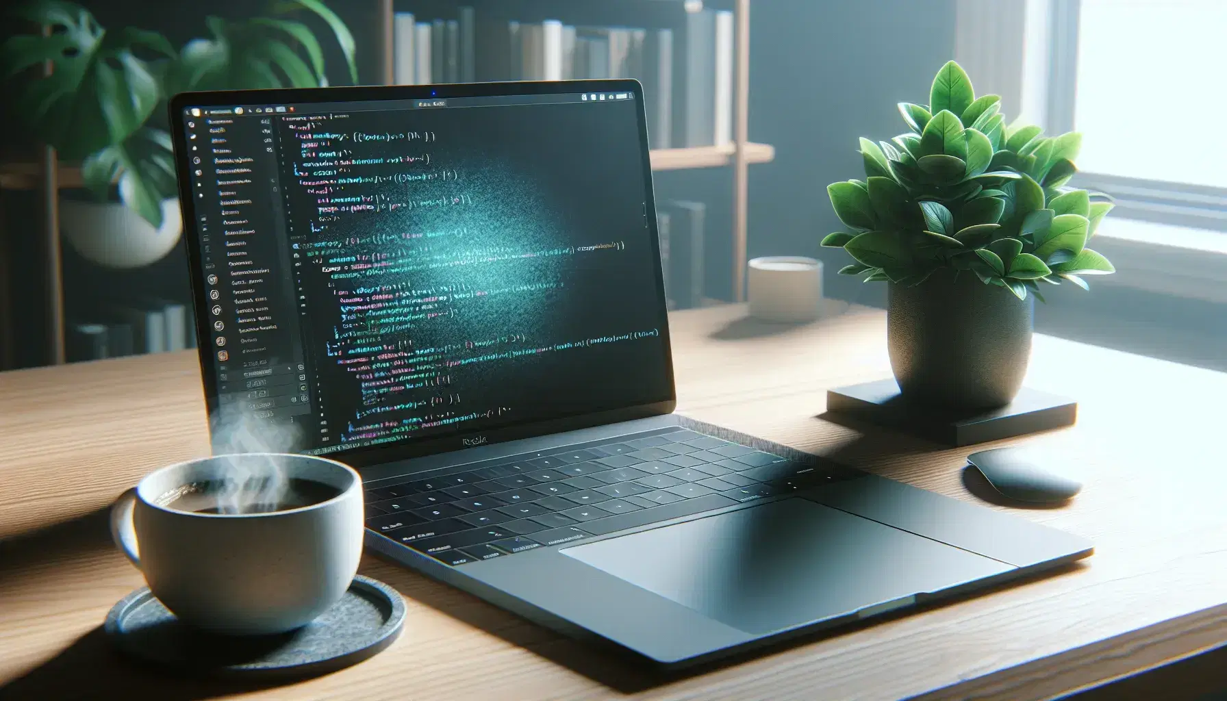 Modern laptop on light wooden desk with lit screen showing blurry IDE, steaming cup of coffee and green plant next to it.