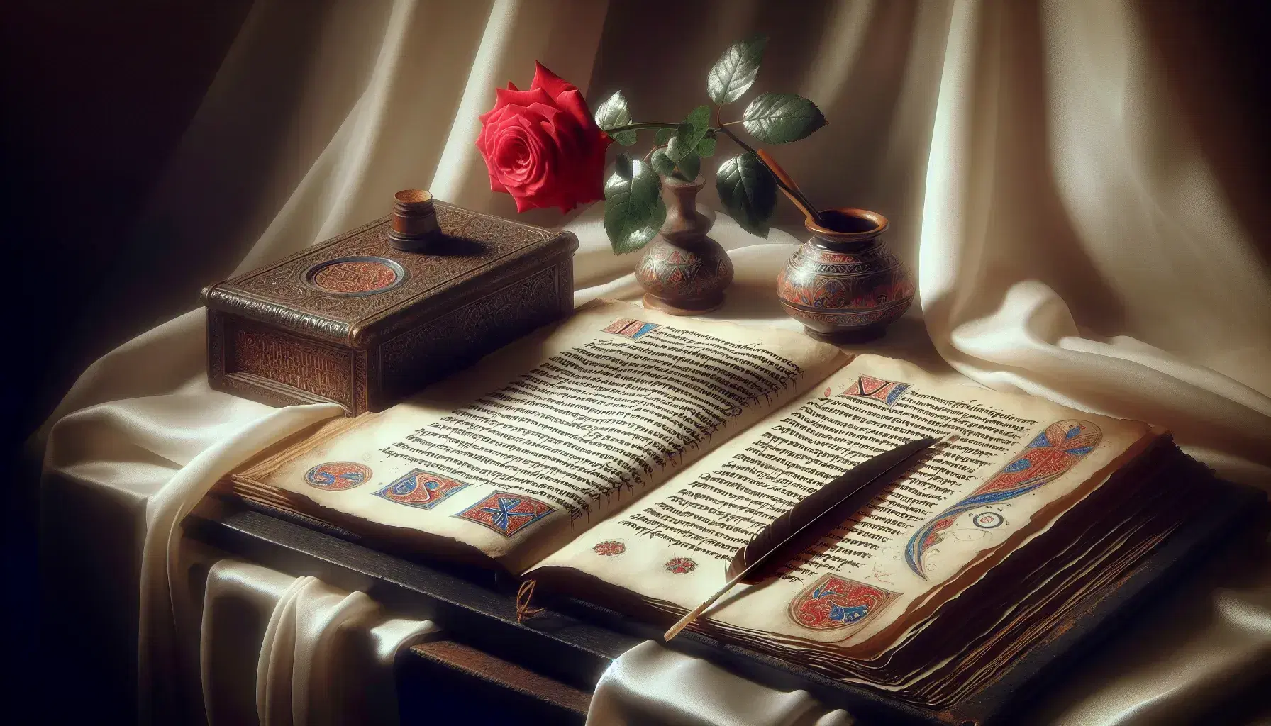 Manoscritto antico su leggio in legno scuro con pagine pergamena, iniziali decorate e penna d'oca accanto, rosa rossa su seta avorio.