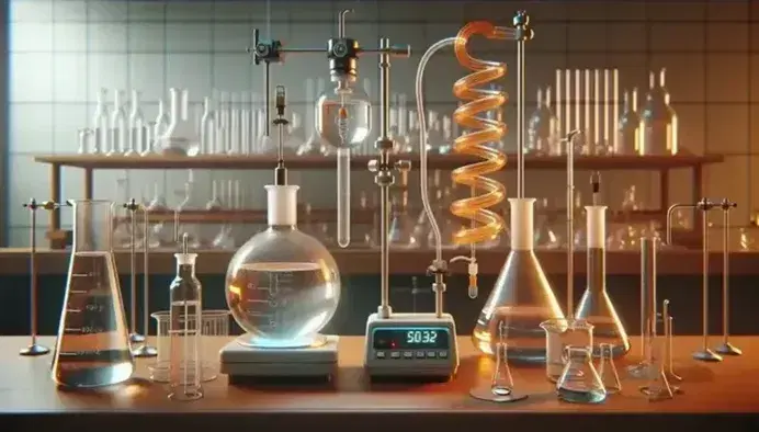 Organic chemistry laboratory with assortment of glassware, flask with reflux condenser, heating mantle, magnetic stirrer and organic solvents.