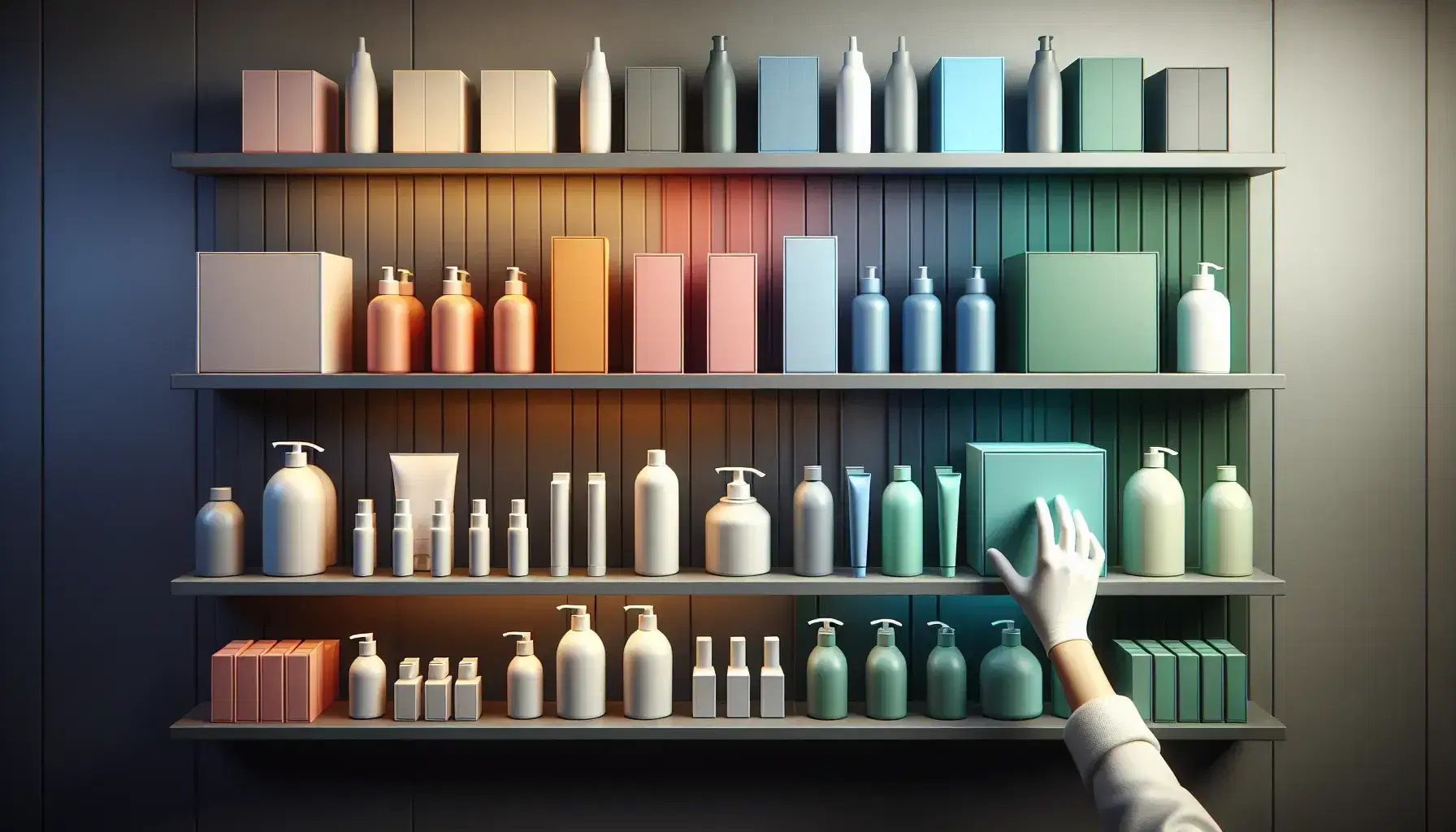 Hands in white gloves meticulously arrange a gradient of solid-colored product packaging on a shelf, from cool blues to warm reds, emphasizing order and visual appeal.