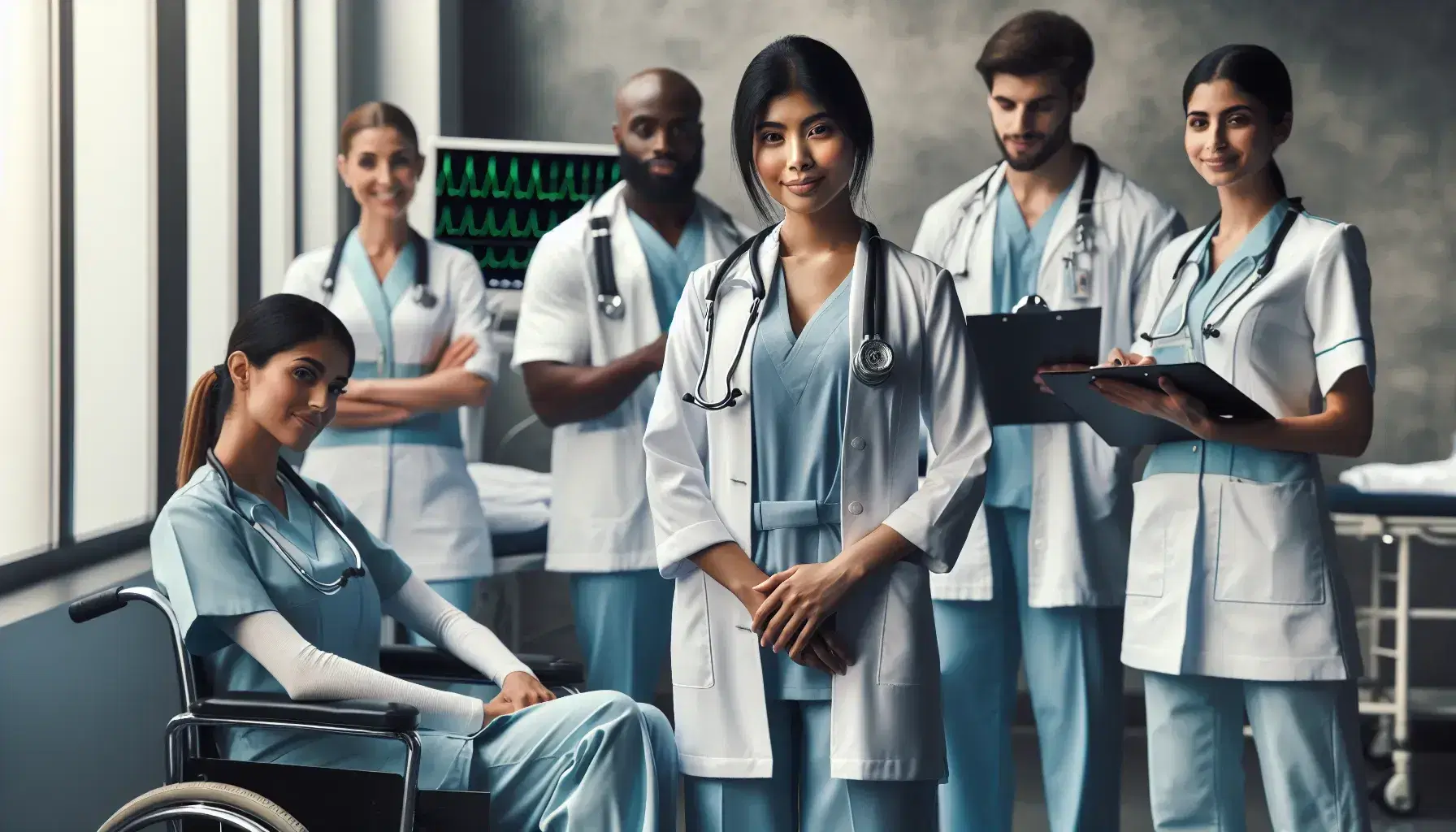 Grupo diverso de enfermeros profesionales colaborando en un hospital, con una enfermera de origen surasiático sonriendo al centro.