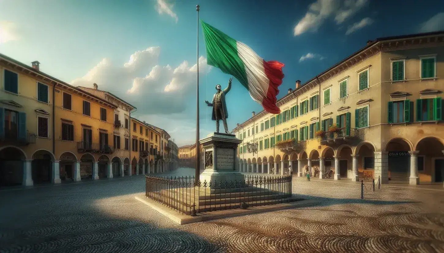 Piazza italiana con bandiera tricolore al centro, statua in bronzo di uomo ottocentesco e persone sedute su panchina.