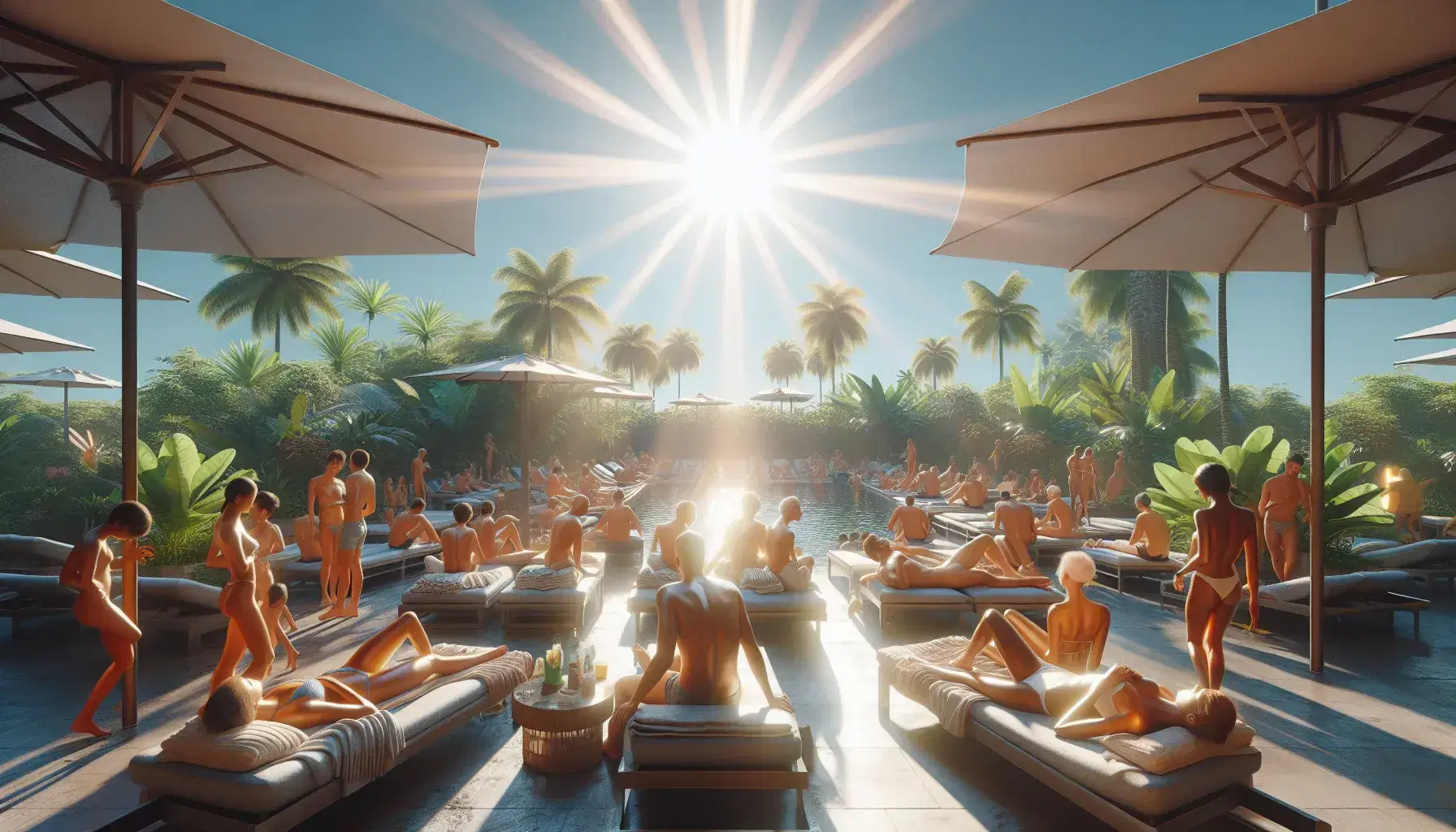 Sol brillante en cielo despejado con personas relajándose en tumbonas entre palmeras y plantas tropicales, reflejando la luz en un ambiente de tranquilidad.