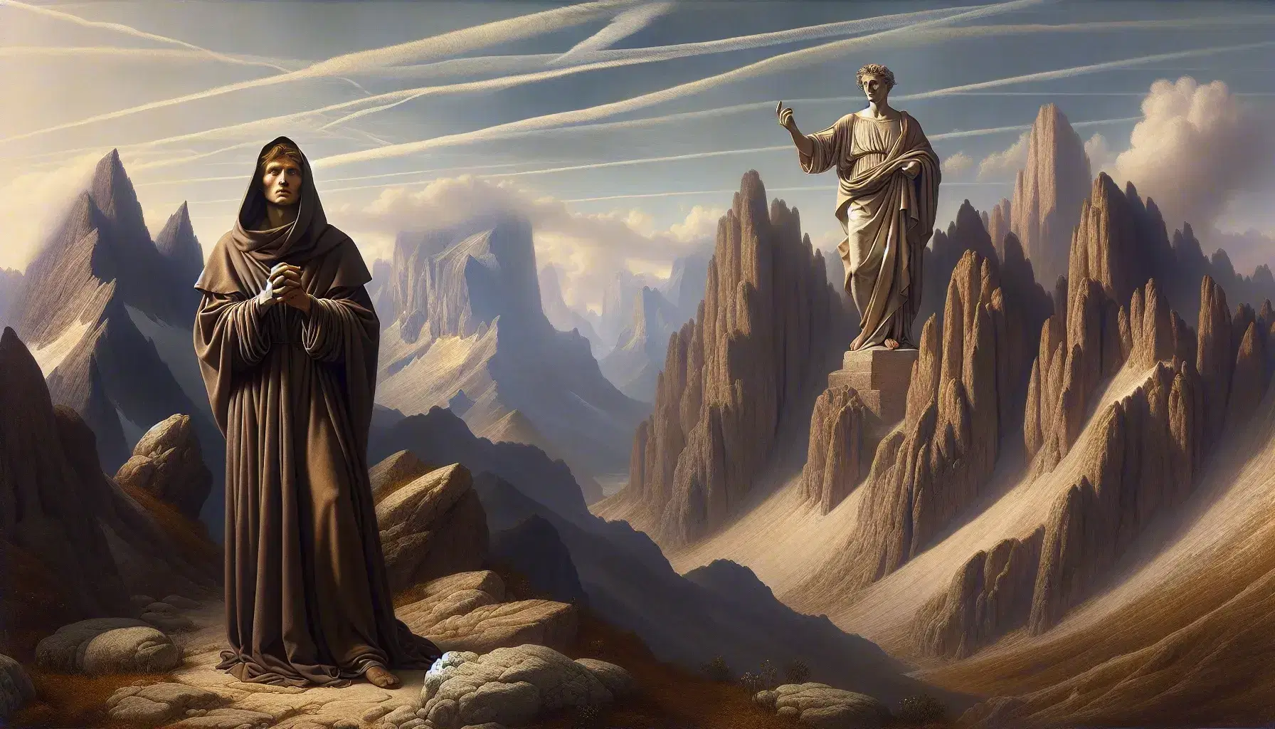 Paesaggio montuoso con figure di Dante in preghiera e Virgilio con toga che indica il cielo, sotto un cielo azzurro con nuvole sottili.