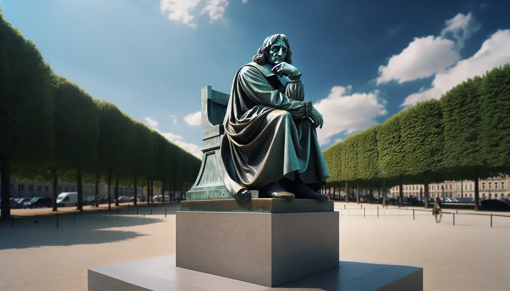 Estatua de bronce de René Descartes en pose pensativa, con un fondo de cielo azul y árboles verdes, destacando su figura filosófica e histórica.