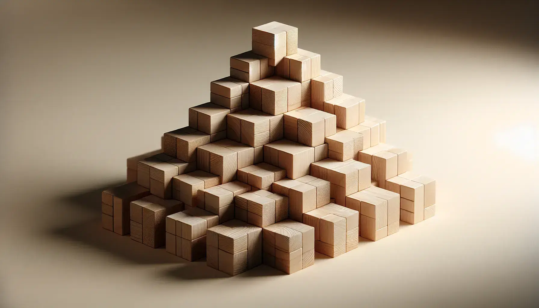 Wooden blocks arranged in a pyramid-like stepped structure with visible wood grain, casting soft shadows on a neutral background.
