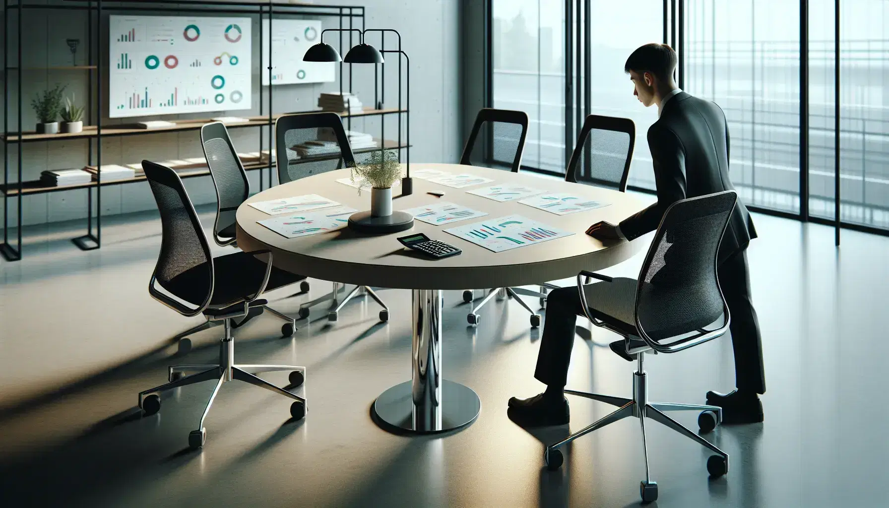 Oficina moderna con mesa ovalada, silla ergonómica y gráficos, junto a persona en traje examinando documentos, ventana al fondo con cielo azul.