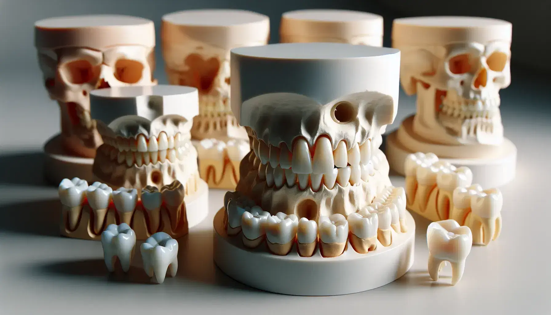 Modelos dentales en primer plano mostrando diferentes etapas del desarrollo dental y un modelo central con cavidad que simula un quiste odontogénico, sobre superficie lisa y clara.