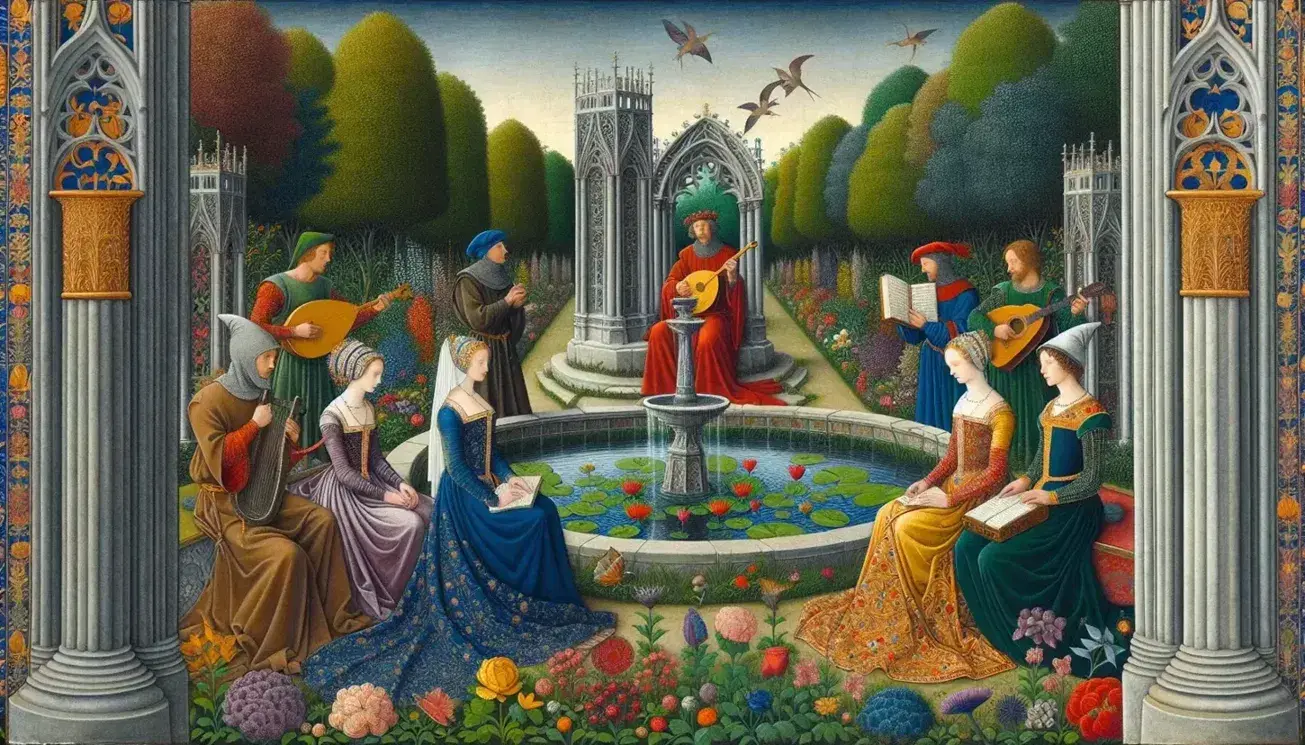 Giardino medievale fiorito con fontana centrale e gruppo di persone in abiti d'epoca che corteggiano, tra musica e poesia, sotto un cielo sereno.