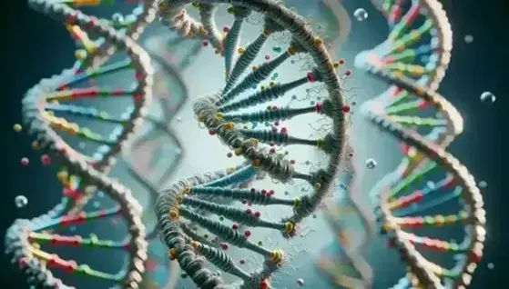 Three-dimensional model of double helix DNA with colored bases: dark green adenine, red thymine, blue cytosine, yellow guanine, on a blurred background.