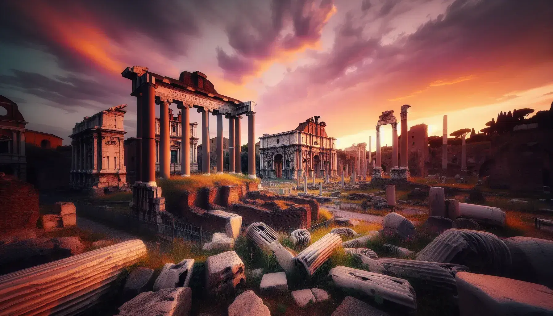 Rovine del Foro Romano al tramonto con colonne spezzate, archi trionfali e cielo sfumato in arancione e viola.