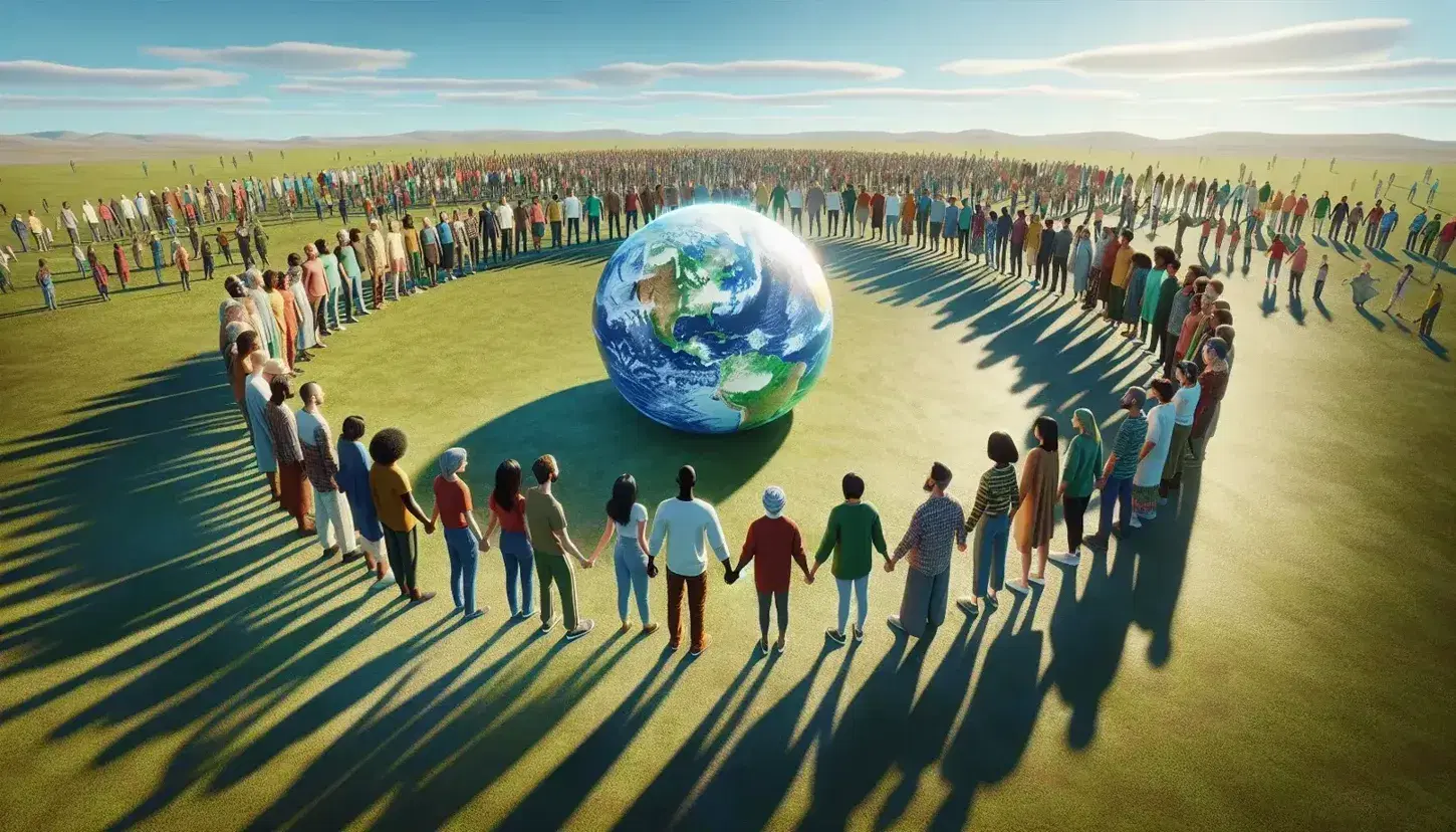 Gruppo multietnico in cerchio tenendosi per mano attorno a un globo terrestre, simboleggiando unità e pace su sfondo di cielo azzurro.