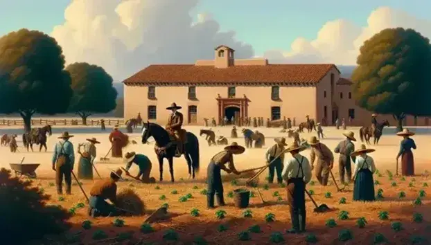 Hombre montando a caballo y trabajadores en labores agrícolas frente a una hacienda con tejas rojas y adobe, rodeados de árboles y cielo azul.