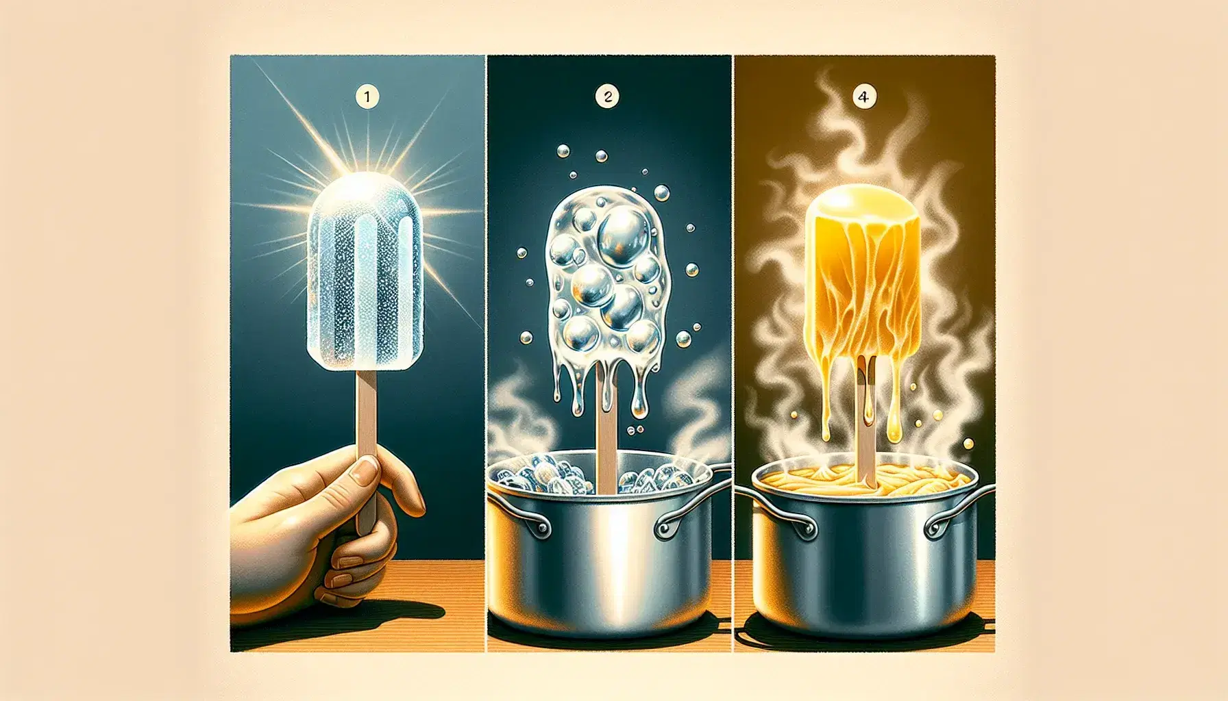 Cambiamenti di stato della materia illustrati: ghiacciolo che si scioglie, cera d'api che fonde, acqua in ebollizione e vapore da liquido.
