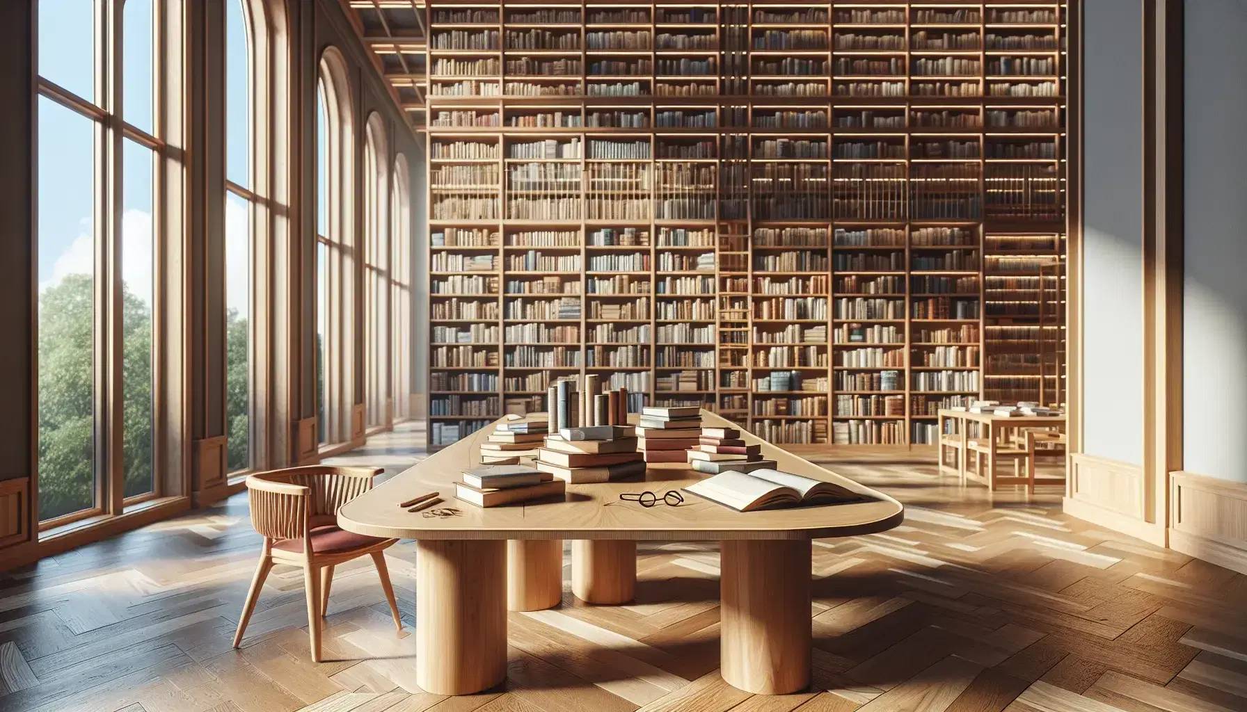 Biblioteca luminosa con estanterías de madera llenas de libros, mesa con libros y lupa, silla con cojín rojo y suelo de parquet.