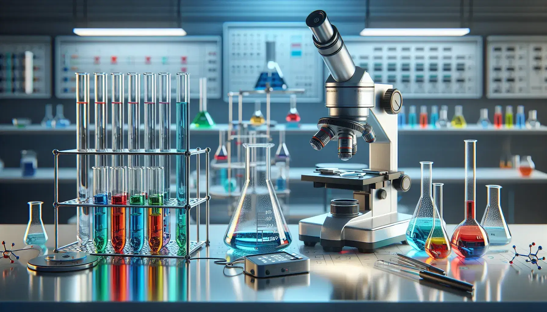 Laboratorio científico con tubos de ensayo de colores, microscopio, matraz Erlenmeyer, vaso de precipitados y balanza analítica digital.