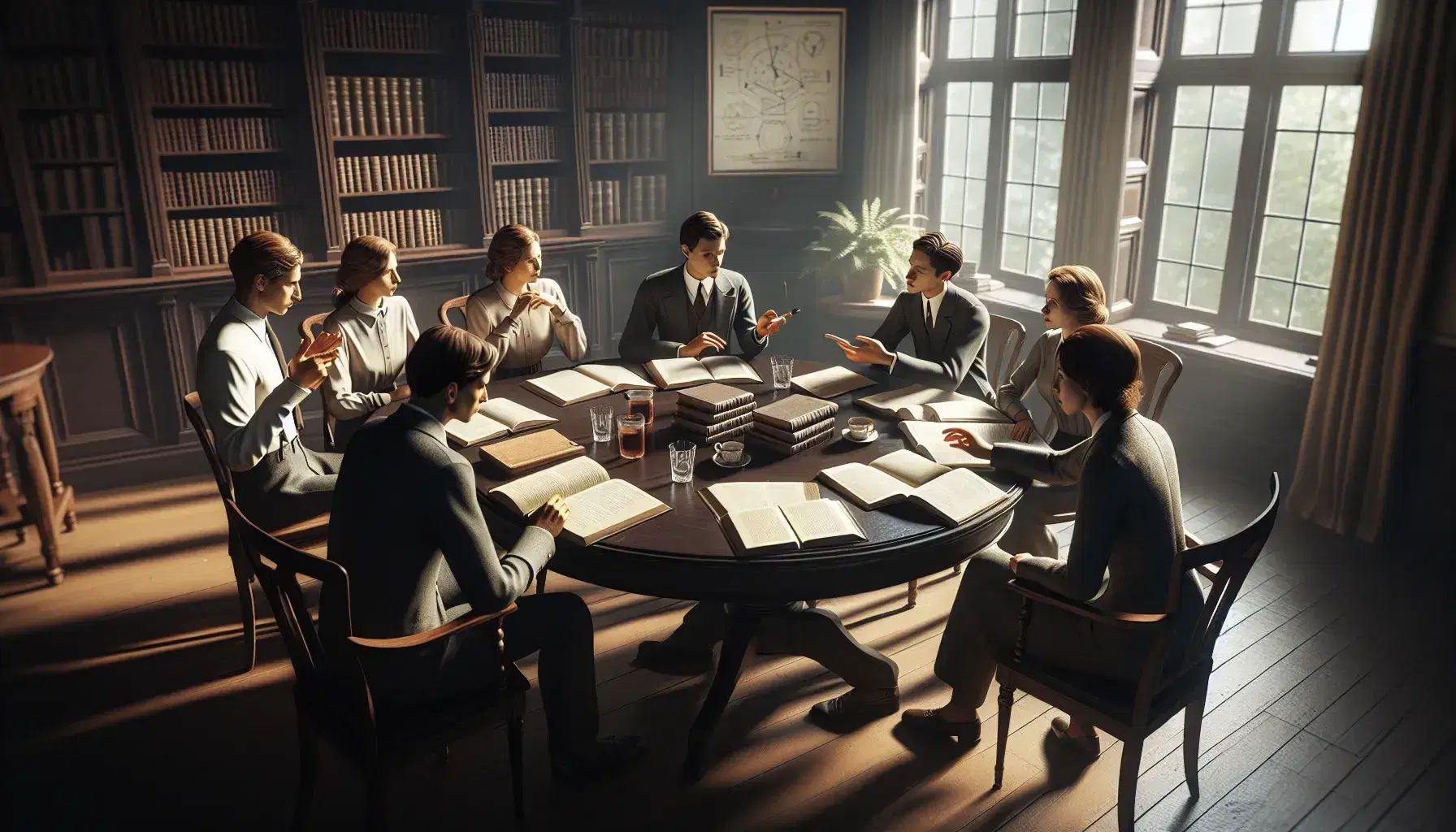 Grupo de cinco profesionales en reunión de trabajo alrededor de una mesa redonda en una sala iluminada naturalmente, con libros, papeles y tazas de café.