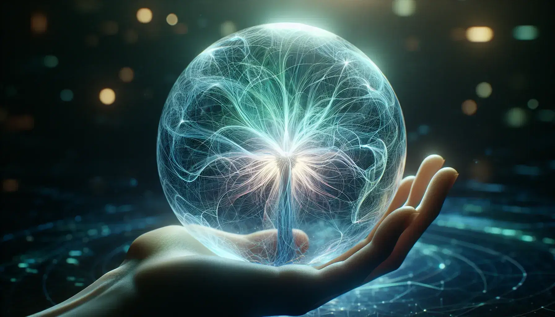 Mano che tiene sfera trasparente con filamenti luminosi blu e verdi, creando un effetto di luce soffusa su sfondo scuro sfocato.