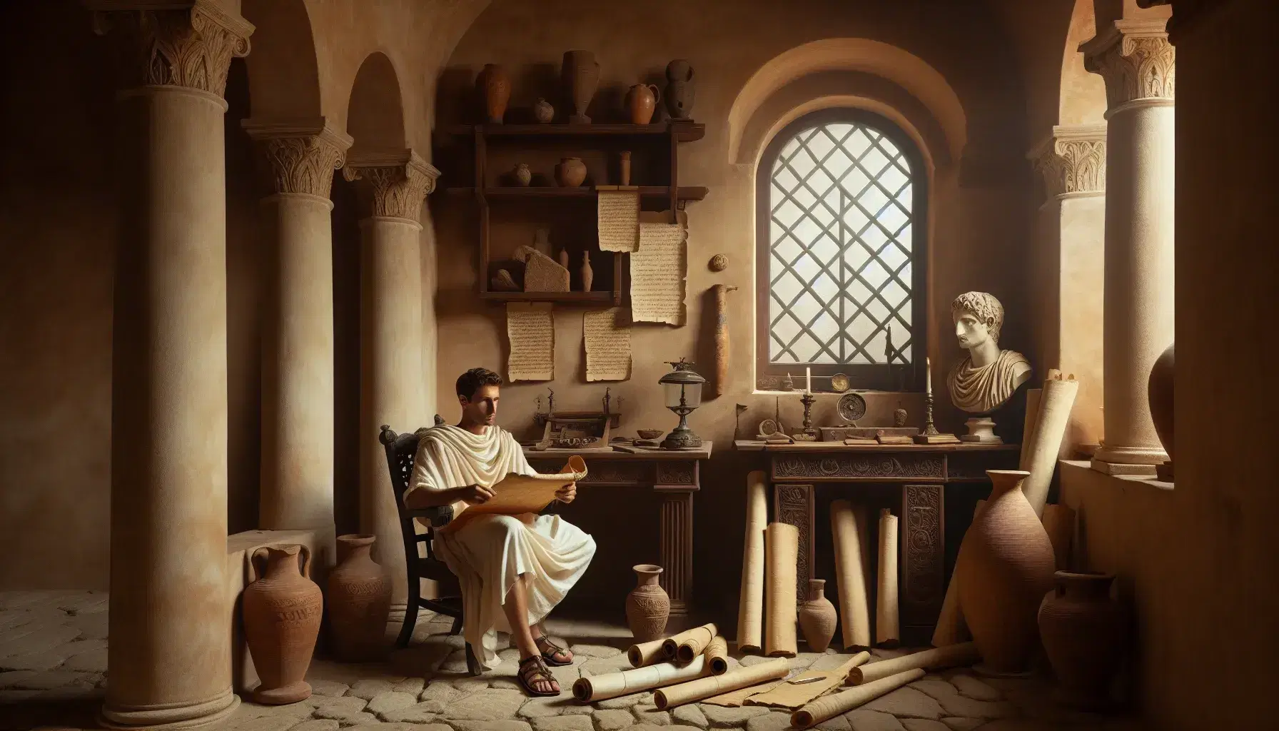 Studio antico romano con uomo in toga che riflette seduto tra rotoli di papiro, penna in bronzo e oggetti culturali su scaffale.