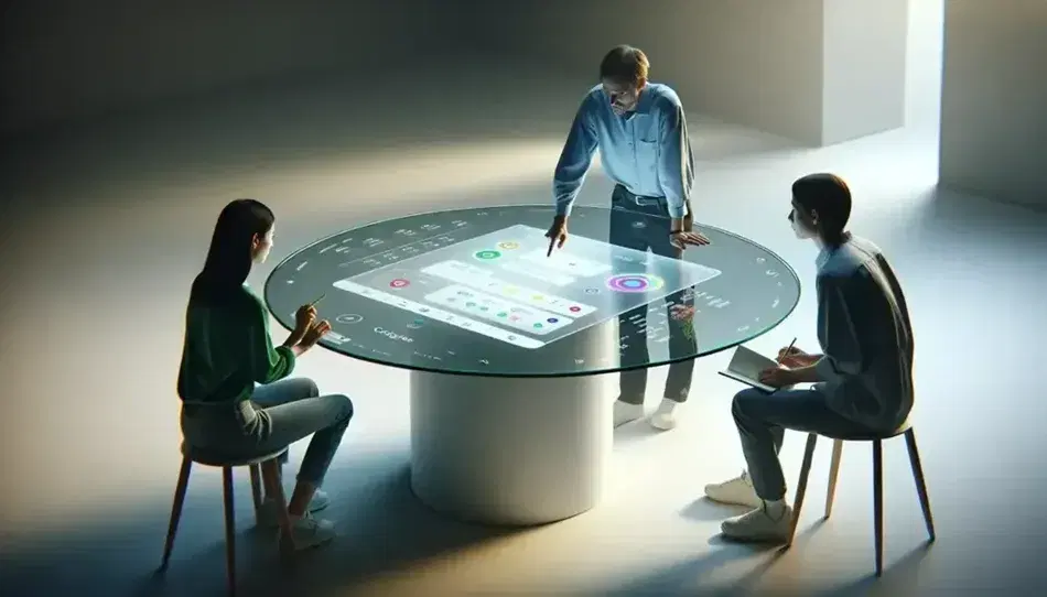 Tres personas colaboran alrededor de una mesa redonda con una pantalla táctil interactiva, destacando la tecnología y el trabajo en equipo en un entorno de oficina moderno.