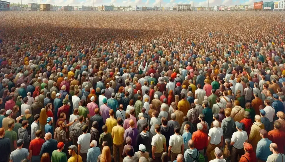 Multi-ethnic crowd gathered in a public square, with people of different ages and colorful clothes under a clear blue sky.