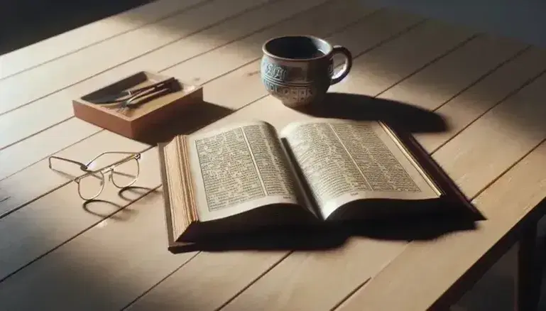 Mesa de madera clara con libro abierto, gafas de montura metálica, taza de cerámica con líquido caliente y planta verde en maceta terracota.