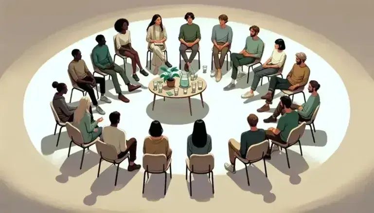 Inclusive gathering of diverse people sitting in a circle with a plant and jug of water in the center, symbolizing dialogue and community.