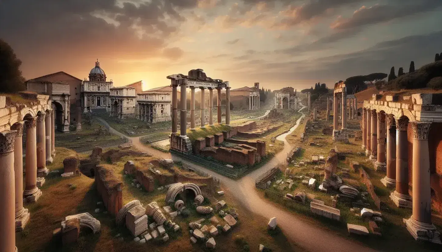 Ruinas del Foro Romano al atardecer con columnas y arcos de piedra desgastados, un arco triunfal parcialmente conservado y un cielo teñido por el ocaso.