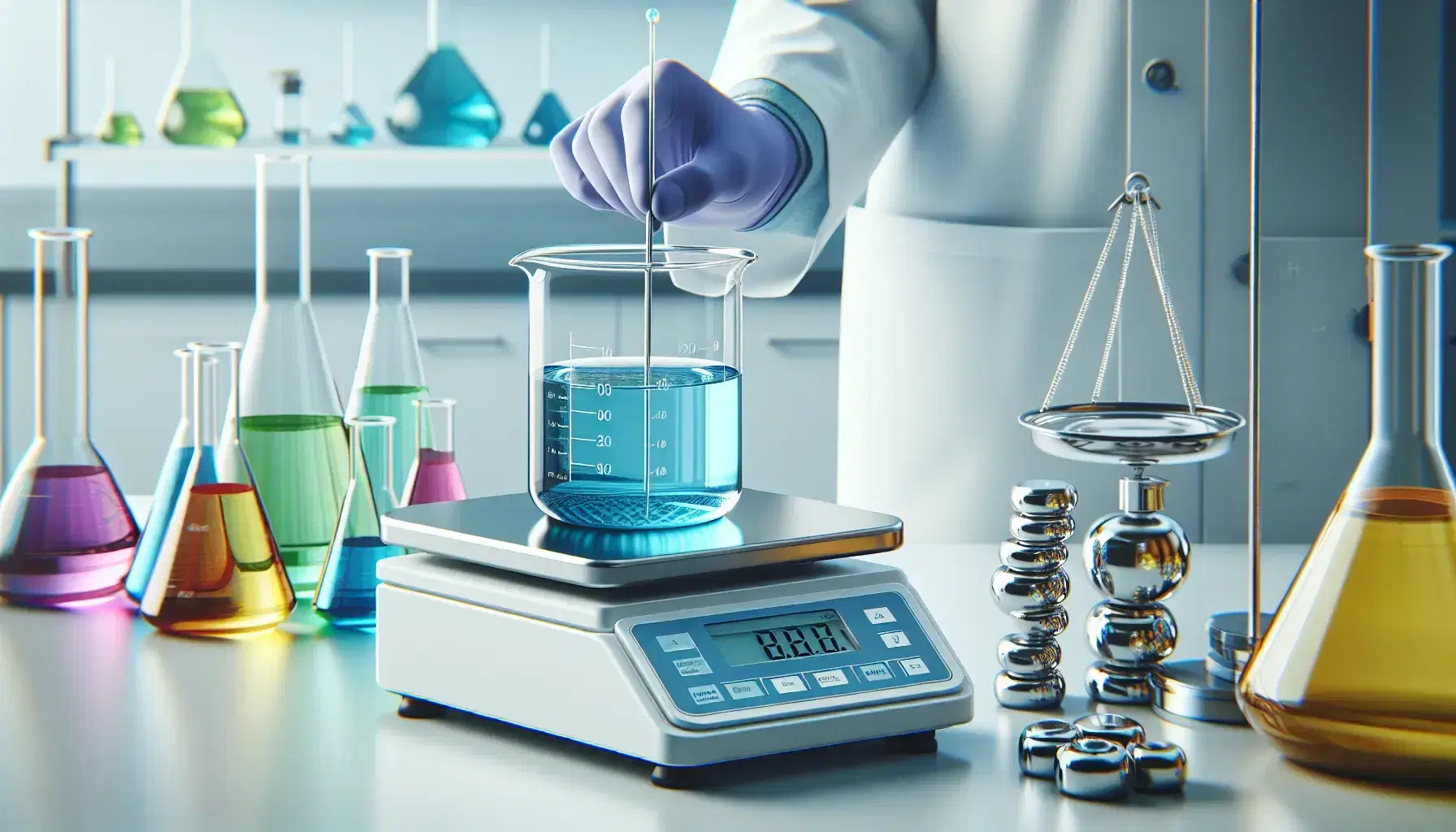 Laboratory with digital scale and beaker with blue liquid, precision weights and colored vials in the background, researcher in lab coat with purple gloves.