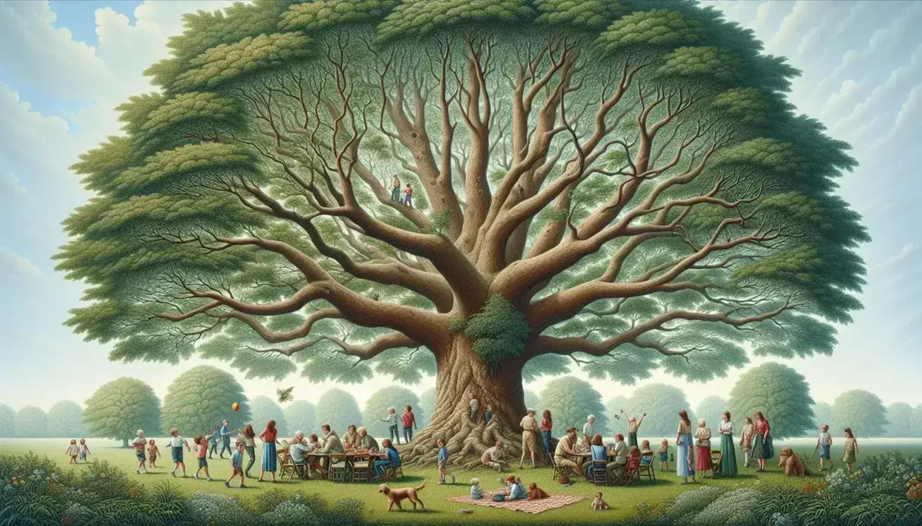 Grande albero con foglie verdi e tronco nodoso, persone felici e cane che gioca sotto cielo azzurro.