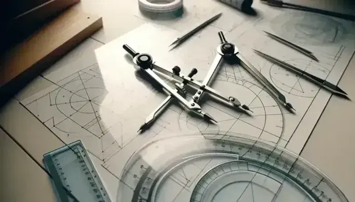 Strumenti di disegno tecnico geometrico su tavolo chiaro, con compasso, squadra trasparente, righello e foglio con tracciati geometrici.