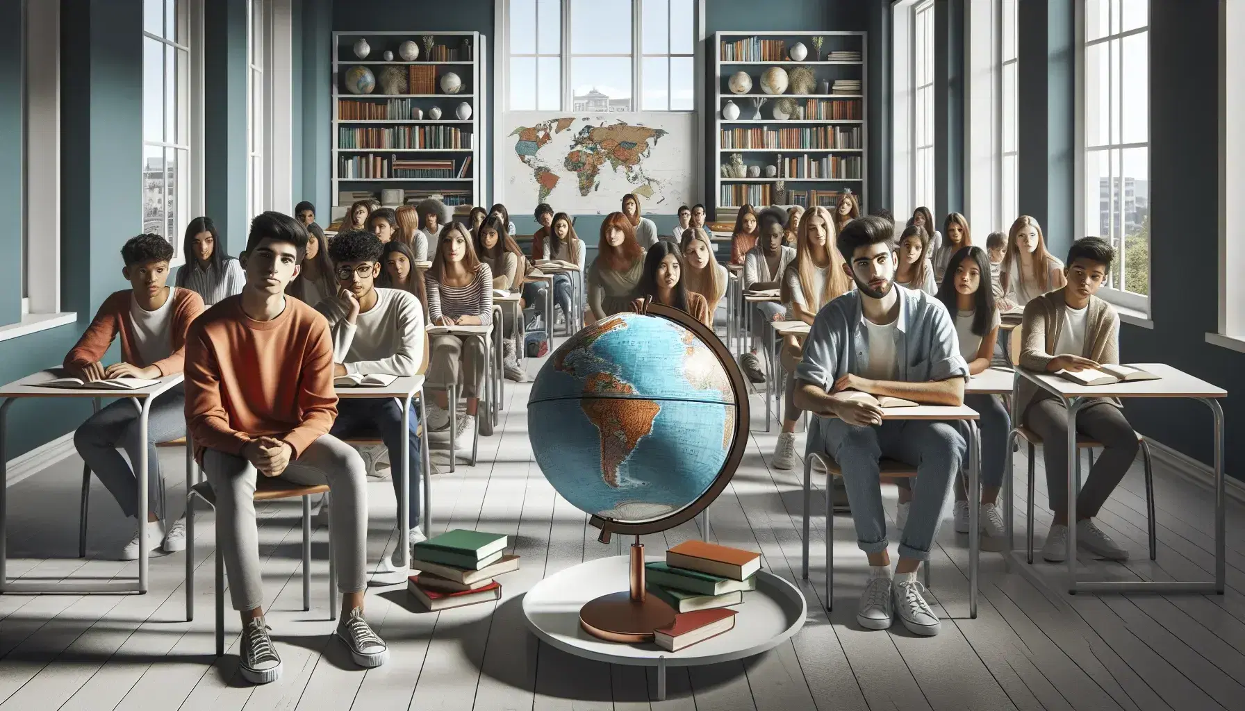 Aula moderna con estudiantes diversos en semicírculo, libros abiertos, globo terráqueo en mesa central y estantería con libros al fondo, iluminada naturalmente.