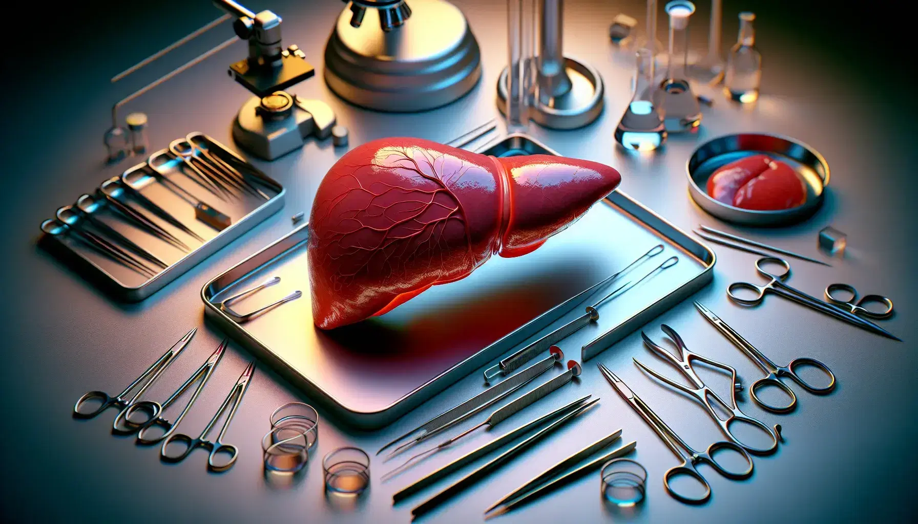 Fegato umano rosso-marrone con capsula di Glisson in laboratorio scientifico, circondato da strumenti chirurgici in acciaio su banco chiaro.