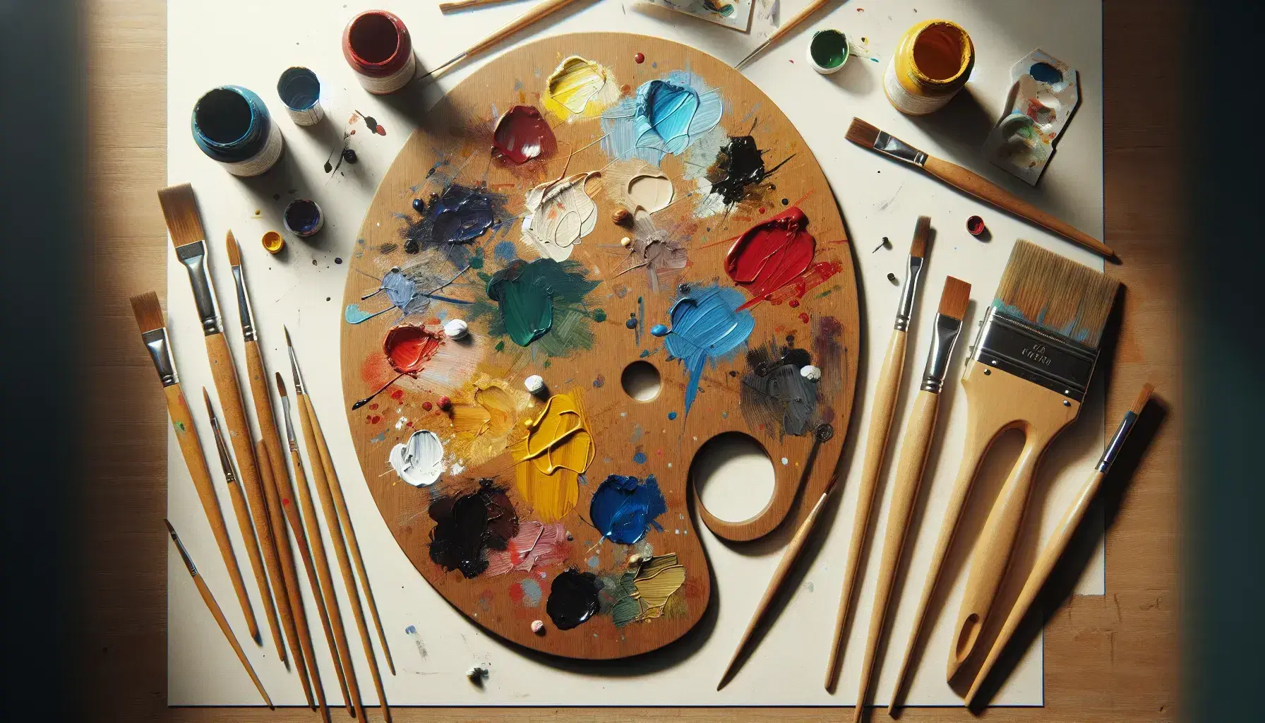 Paleta de pintura ovalada de madera con manchas de colores vivos y conjunto de pinceles variados sobre superficie clara.