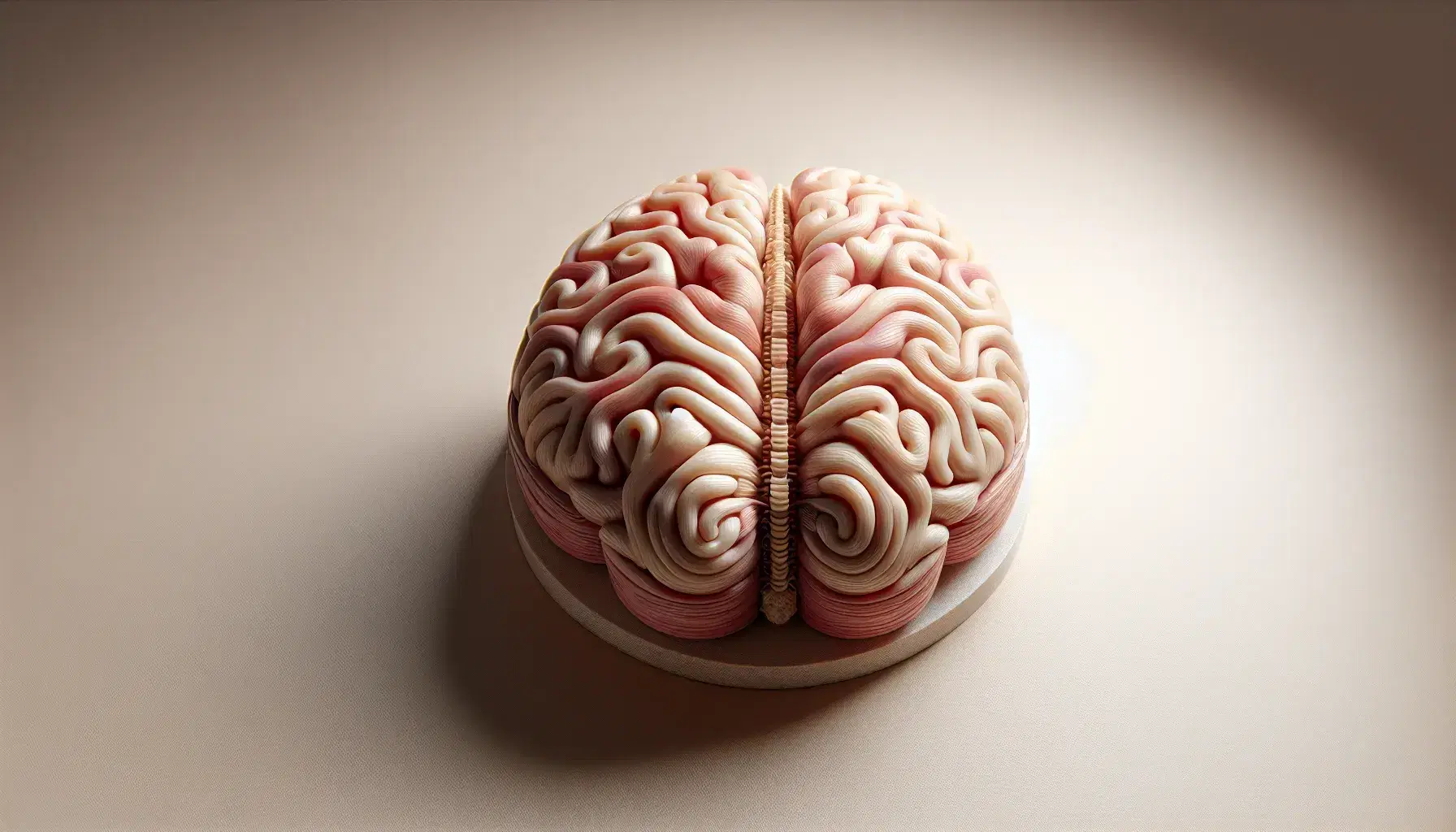 Modelo tridimensional detallado del cerebro humano y médula espinal en tonos rosas y beige sobre fondo neutro, destacando surcos y texturas realistas.