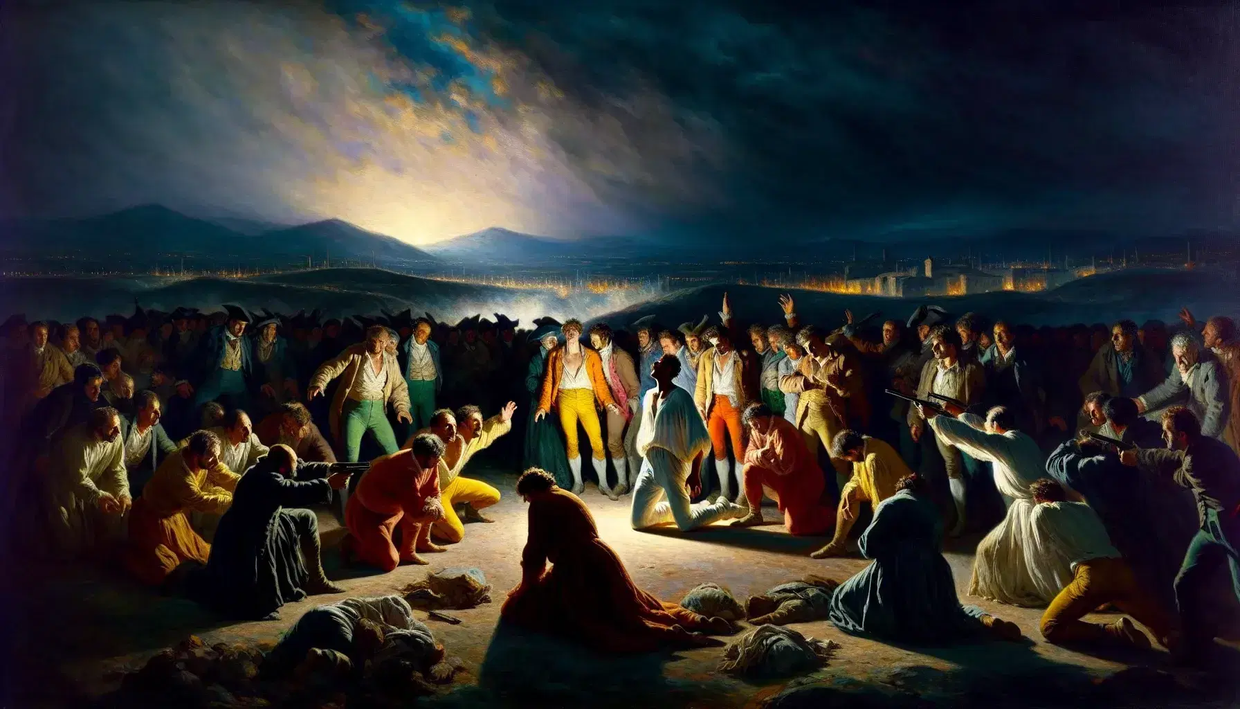 Scena notturna ispirata a 'Il 3 maggio 1808' di Goya, con uomini in preghiera sotto luce artificiale, fronteggiati da soldati armati, sfondo urbano cupo.